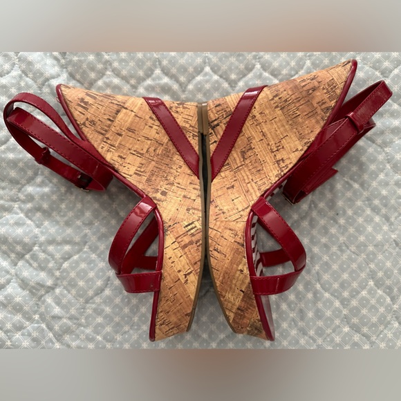 Kardashian Collection red wedge shoes w/ wrap buckle, never worn smoke/pet free - Picture 2 of 5
